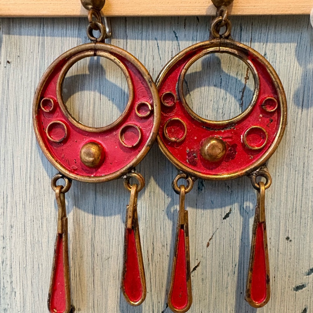 Vintage Mexico, early 1950’s, Red & Gold Dangle Earrings